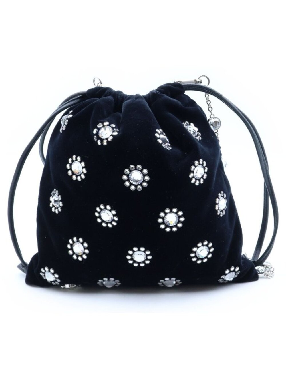 Miu Miu Crystal Chain Rhinestone Velvet Drawstring Shoulder Bag Pouch Black